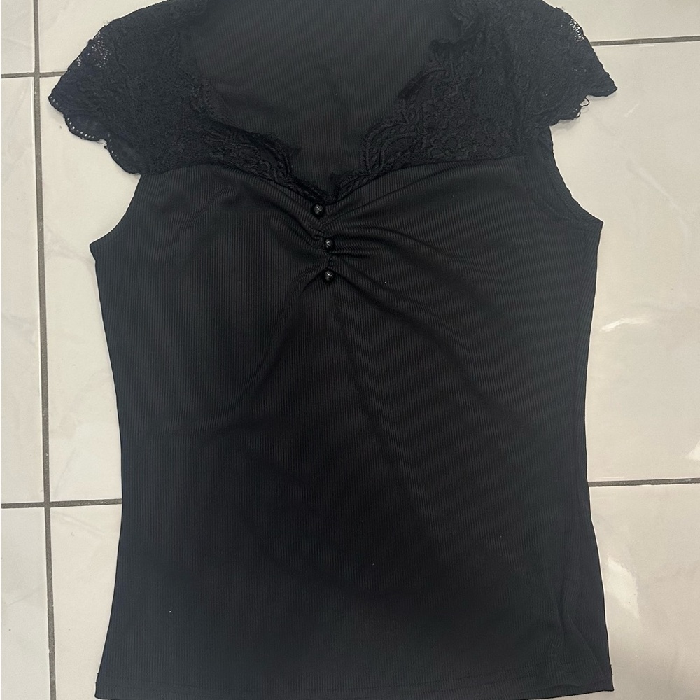 Black Lace Trim Sleeveless Top